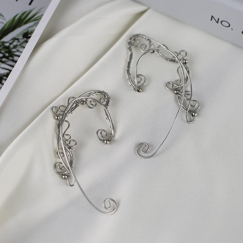 Yolmina Elven Ear Cuffs for Women, Handmade Elf Fairy Earrings Cuff Wrap Clip-on Filigree Earrings for Fantasy Fairy Halloween Costume, Cosplay, Wedding, Handcraft (Silver) - Image 3